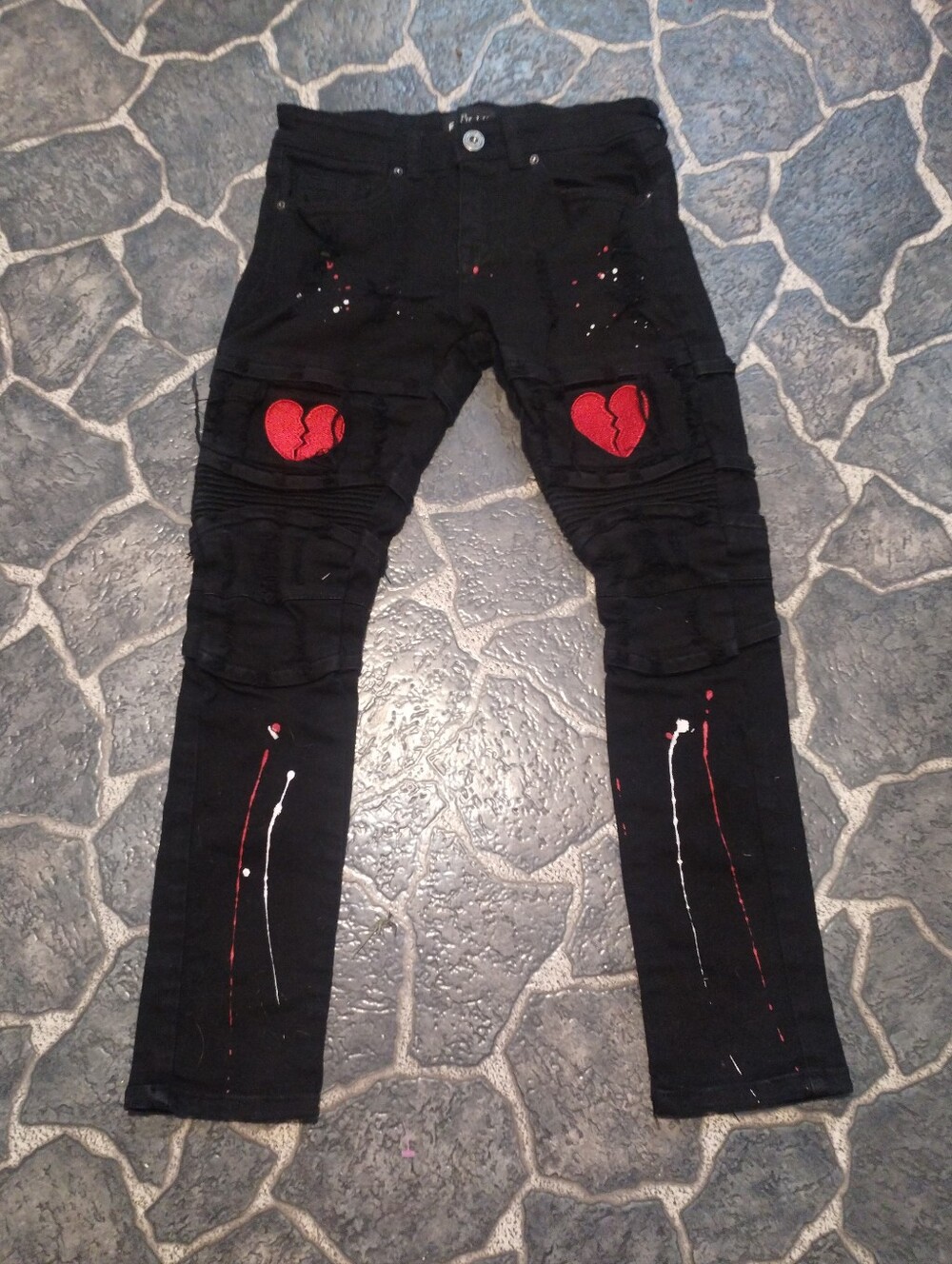 FOCUS Kids Jeans Black Biker Red Heartbreaker Splatter Size 10